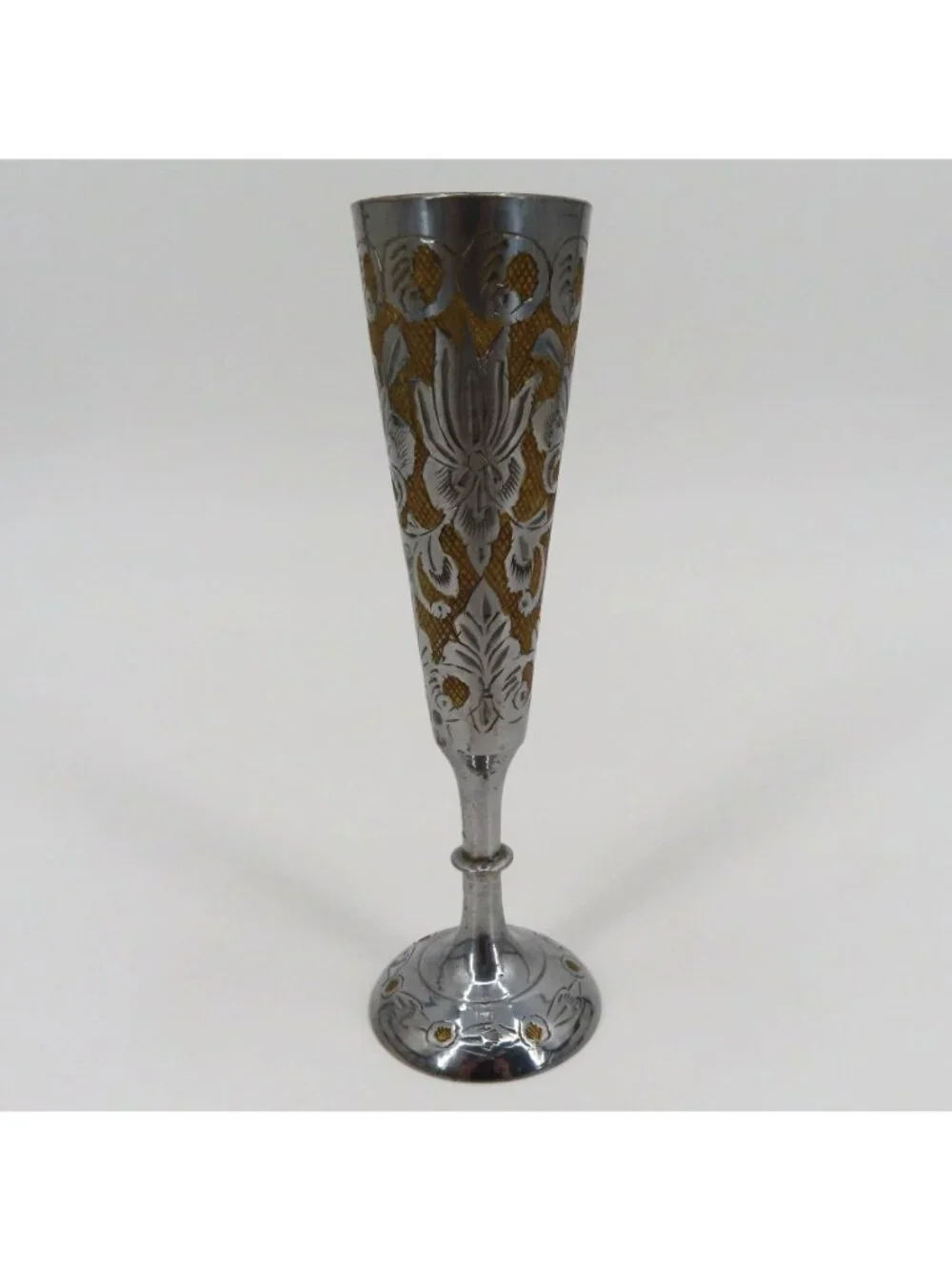 VTG Hand Chased Etched Floral Swag Silver Gold Tone Metal Vase 6.9in Israel Made